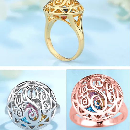 Customizable Sterling Silver Monogram Ring with Celtic Knot and Heart Birthstones - Belbren