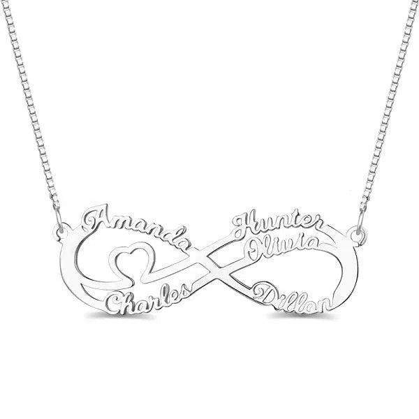 Double Infinity Necklace with Heart and 5 Names - Personalized Sterling Silver Jewelry for Eternal Love and Friendship Gifts - Belbren