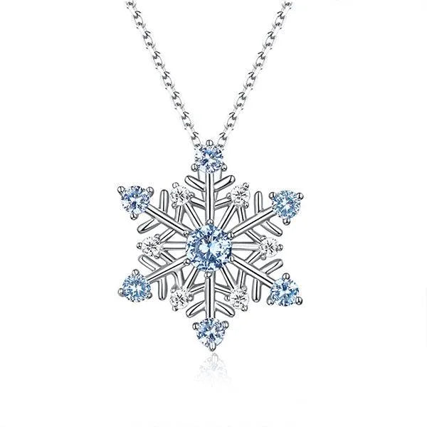 Elegant Snowflake Pendant Necklace in Pure Silver, Adorned with Sparkling Blue Stones – Perfect Winter Jewelry Gift - Belbren