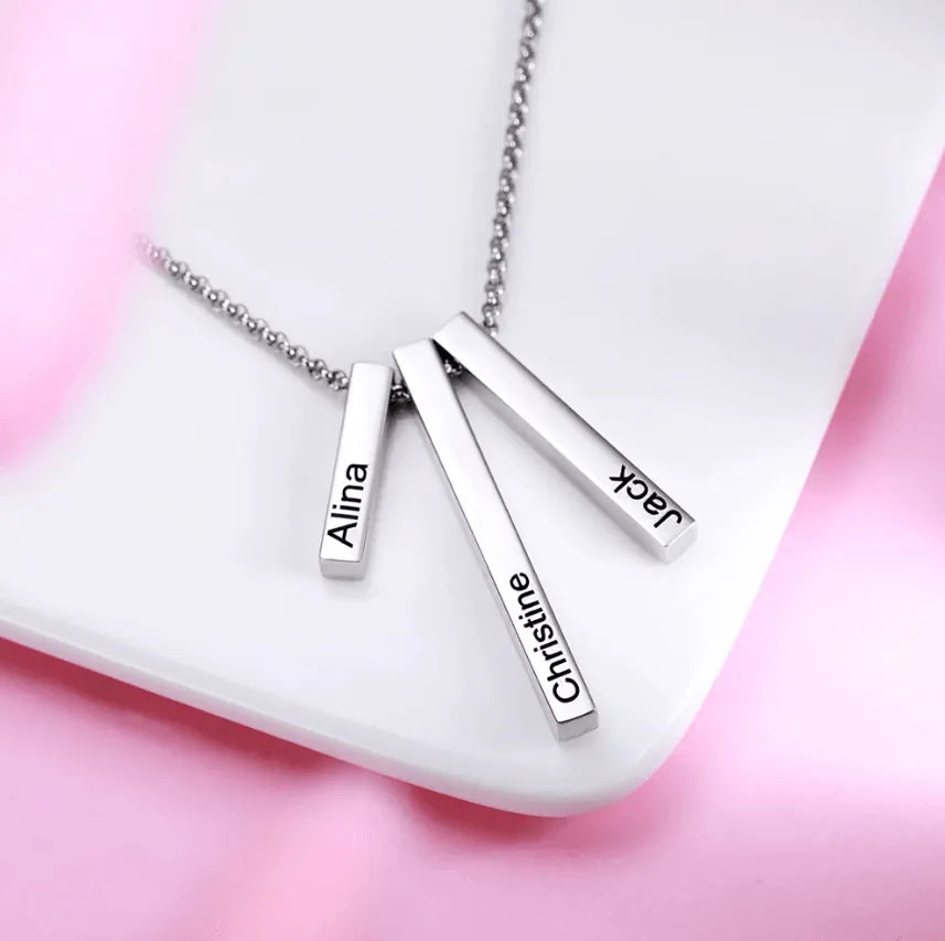 Engraved 4-Sided Vertical Bar Necklace Personalized Charm for