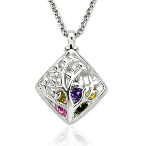 Family Tree Silver Birthstone Necklace | Personalized Birthstone | Family Birthstone | Christmas Gift | Mothers Day Gift - Belbren