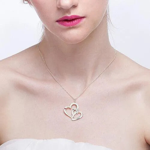 Interlocking 2 Open Hearts Necklace with Names & Birthstones - Belbren