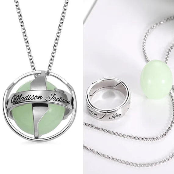 Luminous Stone Pendant Necklace and Ring - Personalized Sterling Silver Jewelry for Mother's Day Gift, Glowing Amulet for Hope and Love - Belbren
