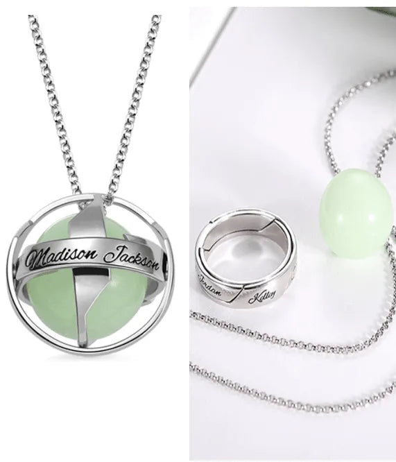 Luminous Stone Pendant Necklace and Ring - Personalized Sterling Silver Jewelry for Mother's Day Gift, Glowing Amulet for Hope and Love - Belbren