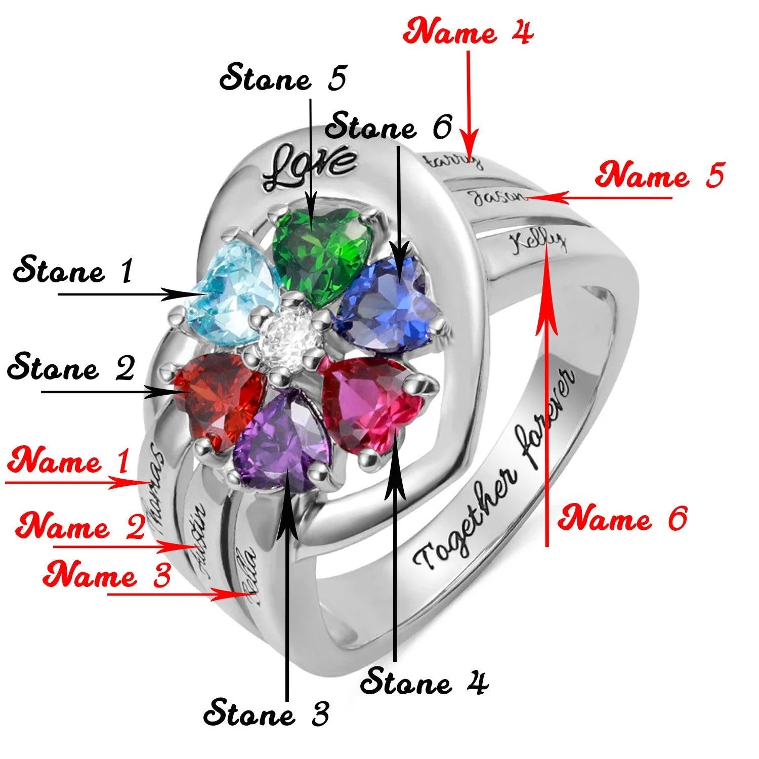 Personalized 925 Sterling Silver Heart Birthstone Ring - Customizable for Family, Couples, Promise, and Mothers - Belbren