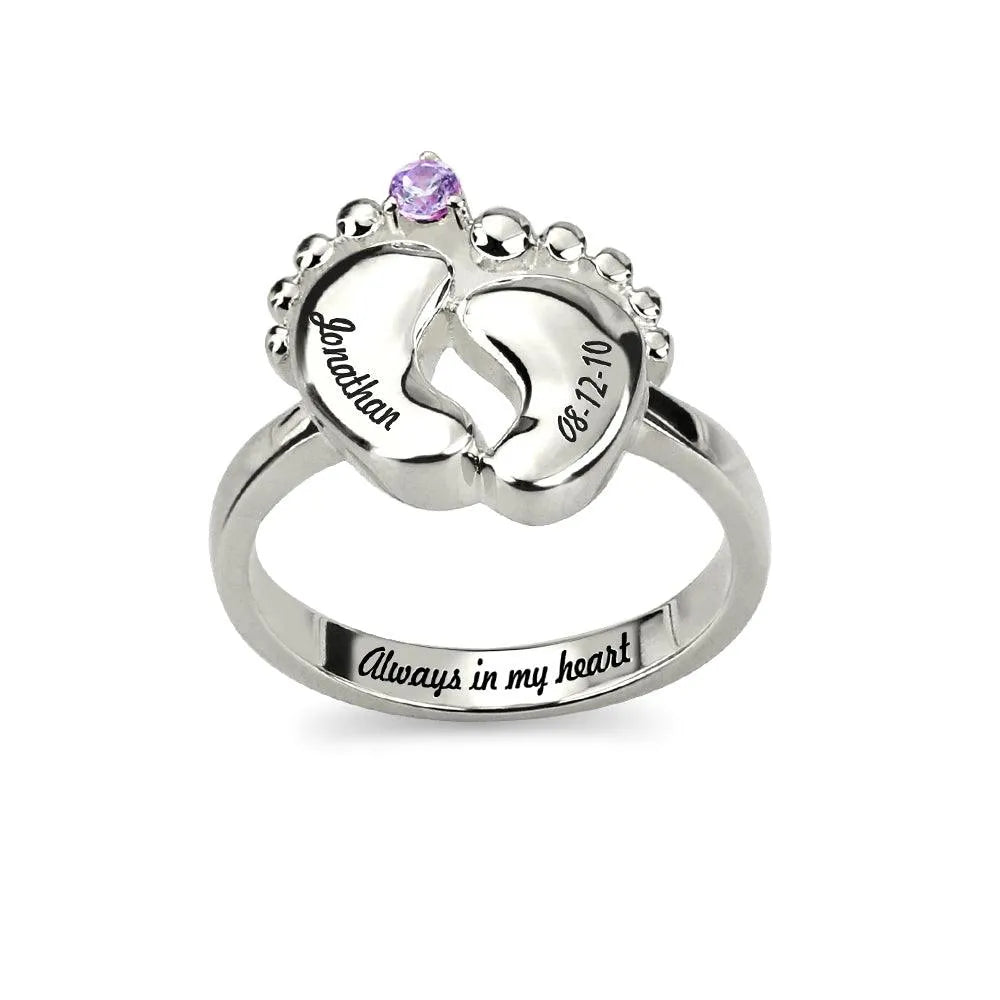Personalized Baby Feet Birthstone Ring for Mothers - Custom Engraved Names and Birthstones - Sterling Silver, Gold, Rose Gold - Belbren