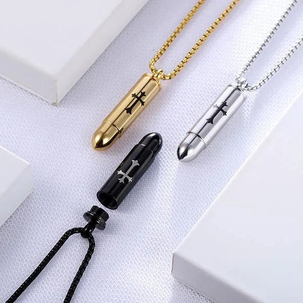 Personalized Bullet Urn Necklace for Ashes - Cross Pendant | Military & Pet Cremation Jewelry in Silver, Black, or Gold - Belbren