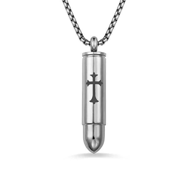 Personalized Bullet Urn Necklace for Ashes - Cross Pendant | Military & Pet Cremation Jewelry in Silver, Black, or Gold - Belbren
