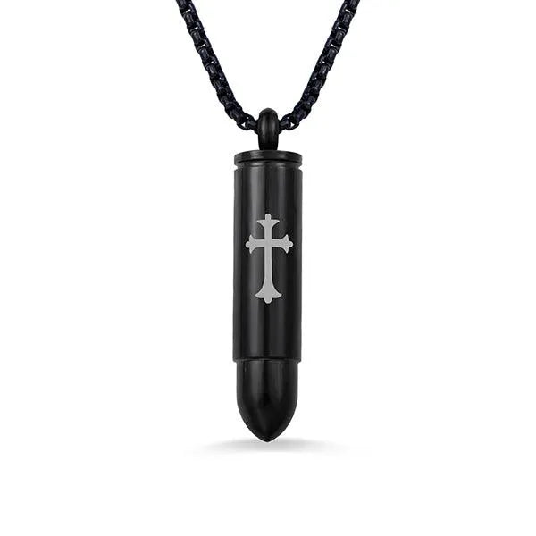 Personalized Bullet Urn Necklace for Ashes - Cross Pendant | Military & Pet Cremation Jewelry in Silver, Black, or Gold - Belbren