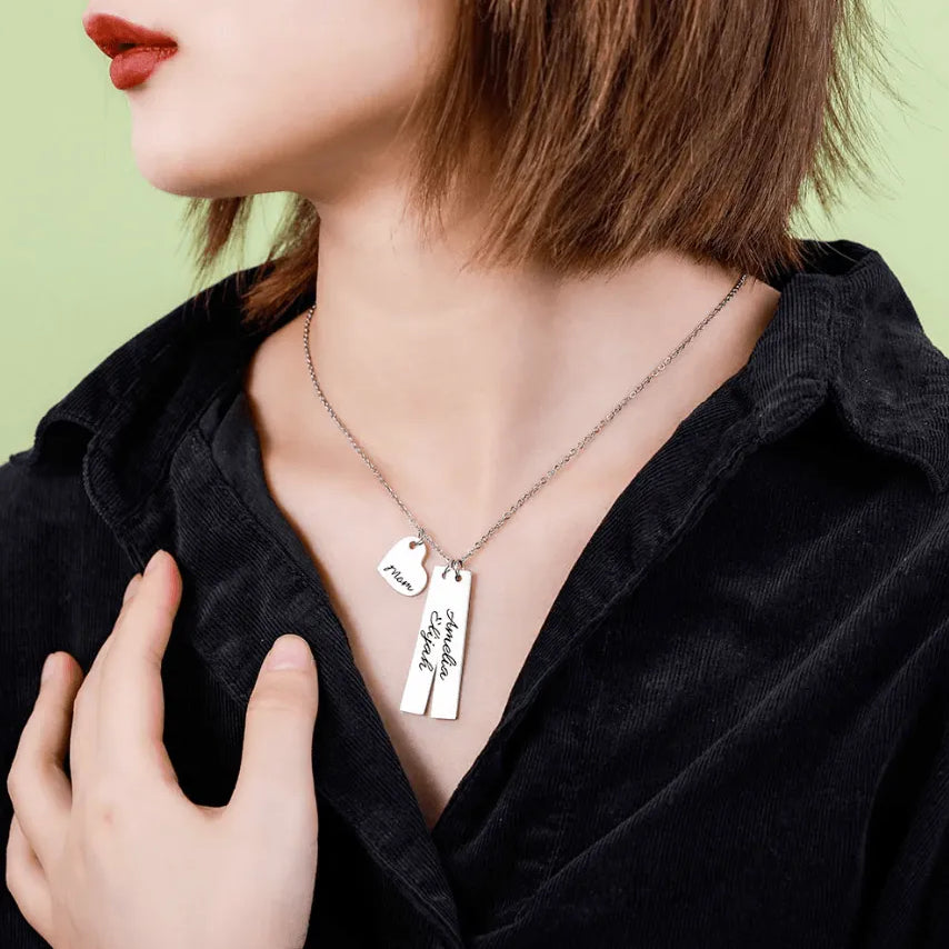Personalized Double Vertical Bar Name Necklace | Custom Engraved Date, Name, and Initials | Coordinates, Name, Heart, Bar Family Necklace - Belbren
