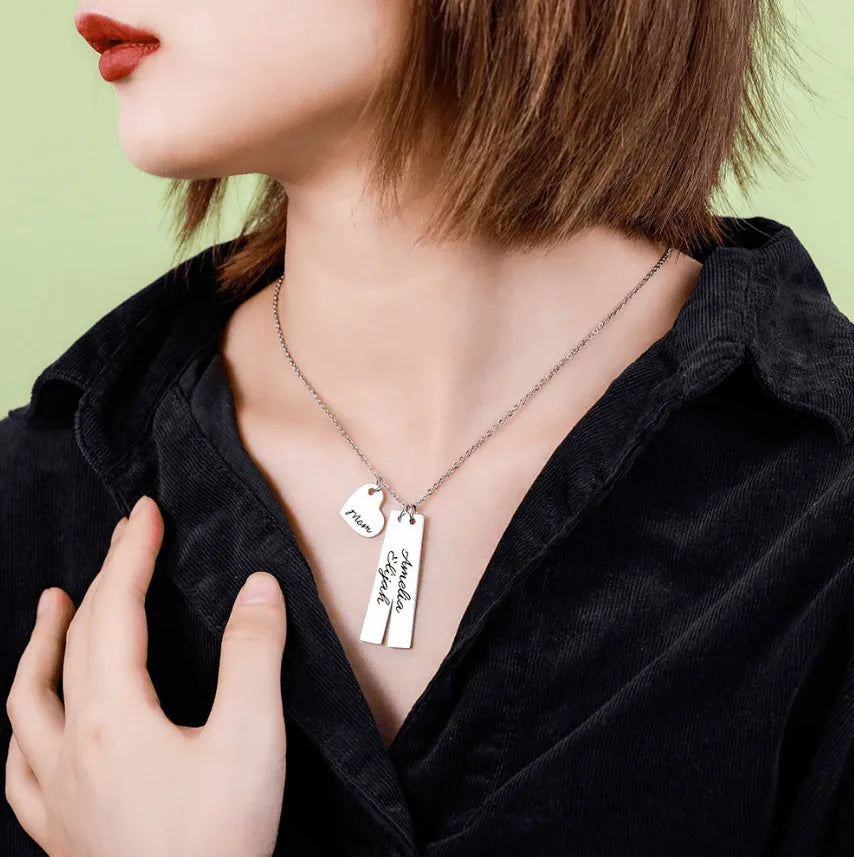 Personalized Double Vertical Bar Name Necklace | Custom Engraved Date, Name, and Initials | Coordinates, Name, Heart, Bar Family Necklace - Belbren