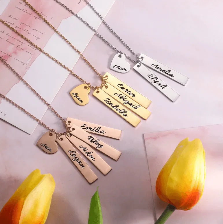 Personalized Double Vertical Bar Name Necklace | Custom Engraved Date, Name, and Initials | Coordinates, Name, Heart, Bar Family Necklace - Belbren
