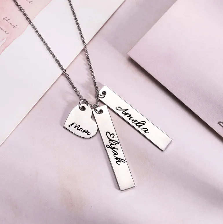 Personalized Double Vertical Bar Name Necklace | Custom Engraved Date, Name, and Initials | Coordinates, Name, Heart, Bar Family Necklace - Belbren