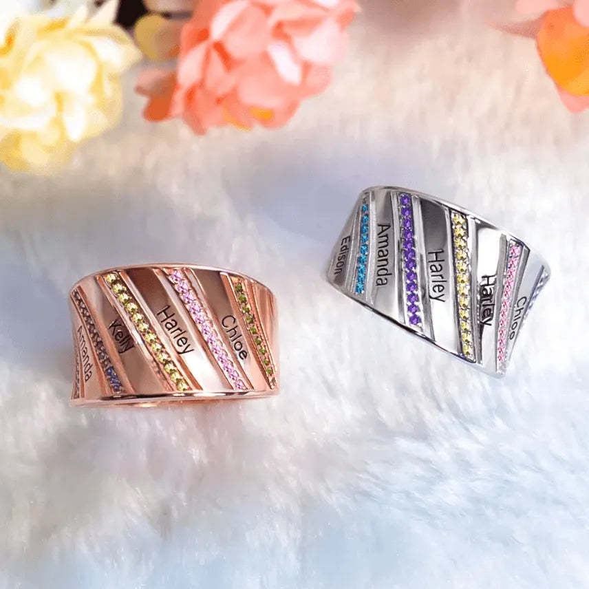 Personalized Family Name and Birthstone Engraved Ring in Silver, Gold, and Rose Gold - Customizable Jewelry Gift for Loved Ones - Belbren