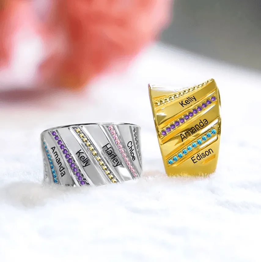 Personalized Family Name and Birthstone Engraved Ring in Silver, Gold, and Rose Gold - Customizable Jewelry Gift for Loved Ones - Belbren