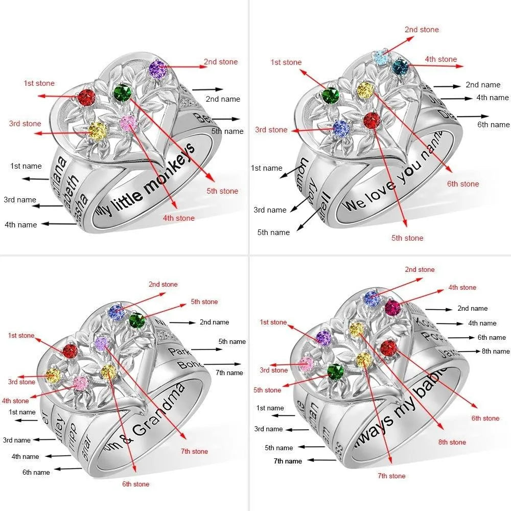 Personalized Family Tree Heart Ring with Custom Kids' Names & Birthstones - Tree of Life Ring, Ideal Mother's Day Gift - Belbren