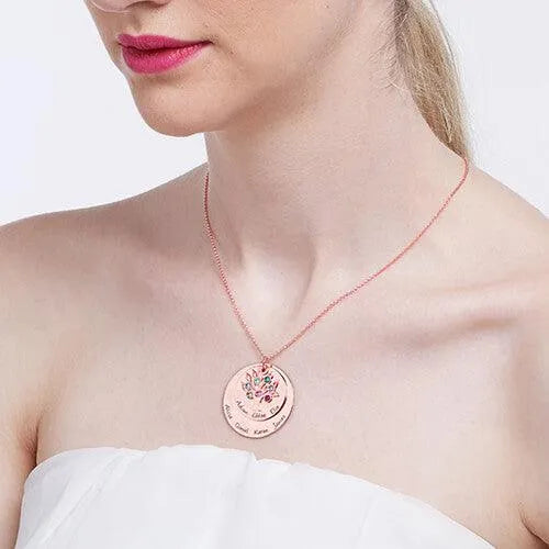 Personalized Family Tree Necklace with Birthstones and Engravings, 925 Sterling Silver, Gold, Platinum, Rose Gold Plated - Belbren