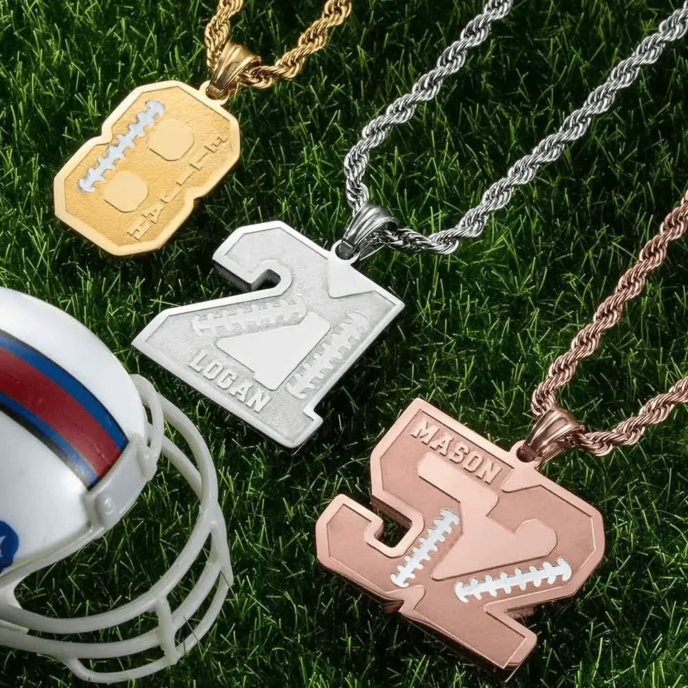 Personalized Football Name and Number Necklace for Athletes - Custom Sport Pendant in Stainless Steel, Gold, Rose Gold and Black - Belbren