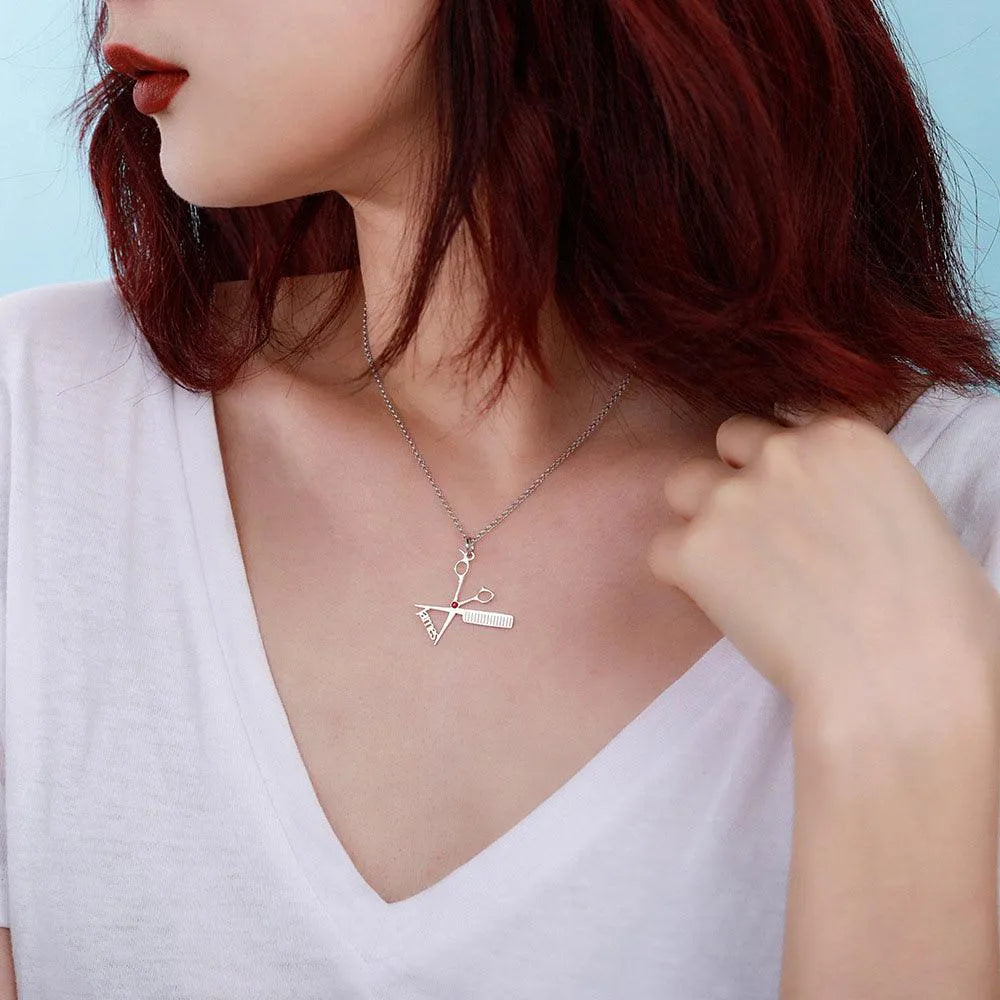 Personalized Hairdresser Name Necklace - Custom Scissors and Comb Pendant Jewelry for Hairstylists and Barbers - Unique Gift for Hair Professionals - Belbren