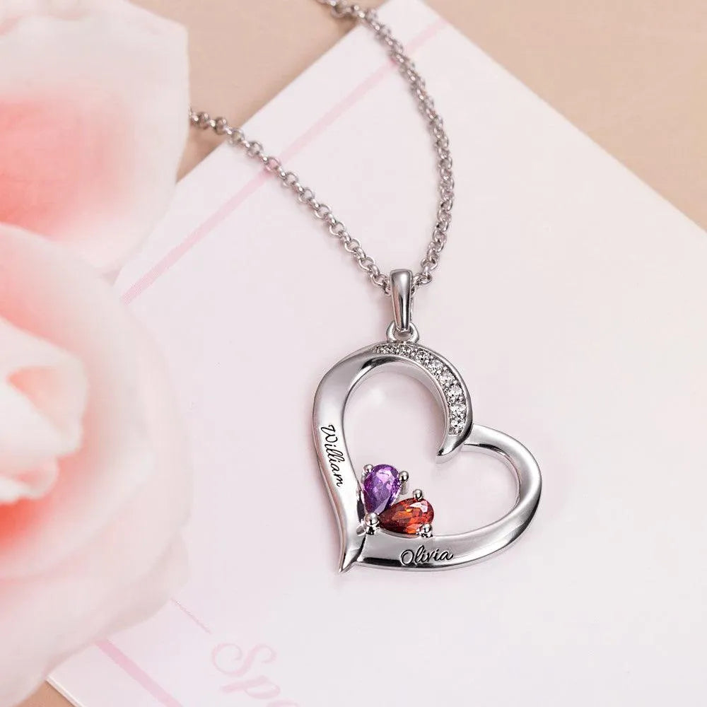 Personalized Heart Birthstone Necklace - Custom Engrave 1-10 Names - Perfect Gift for Moms & Grandmothers - Belbren