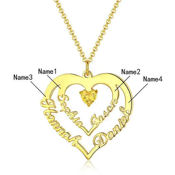 Personalized Heart Necklace with 4 Names & Birthstones in Sterling Silver - Belbren