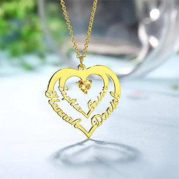 Personalized Heart Necklace with 4 Names & Birthstones in Sterling Silver - Belbren