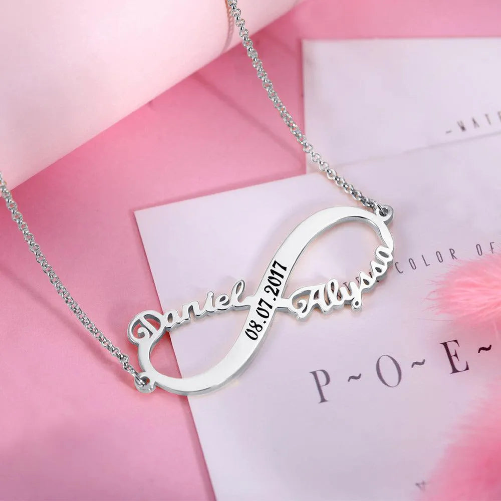 Personalized Infinity 2 Name Necklace with Custom Date Engraving - 925 Sterling Silver - Belbren