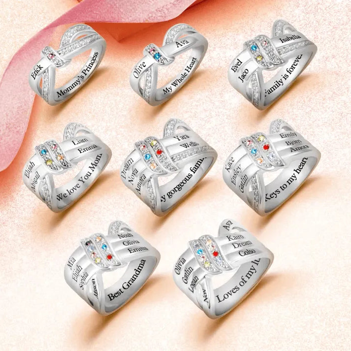 Personalized Mother's Ring with Birthstones and Engraved Names - Customizable Family Jewelry in Silver or Copper - Belbren