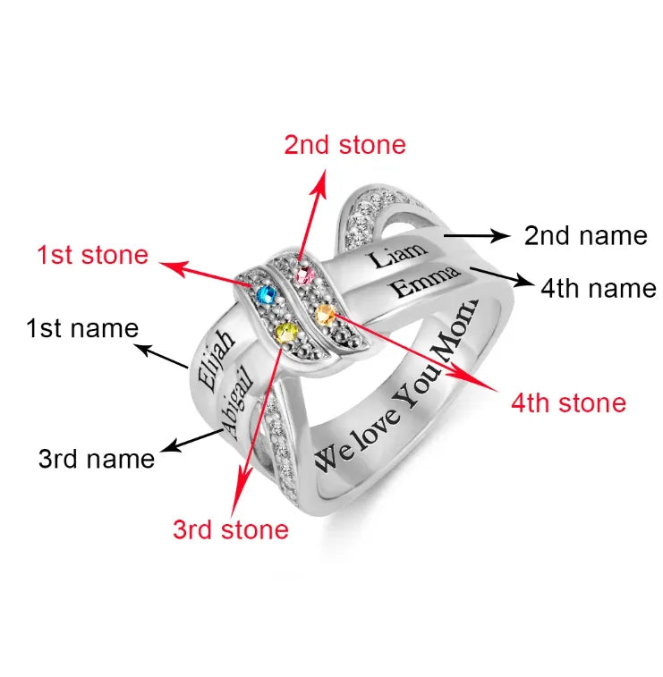 Personalized Mother's Ring with Birthstones and Engraved Names - Customizable Family Jewelry in Silver or Copper - Belbren