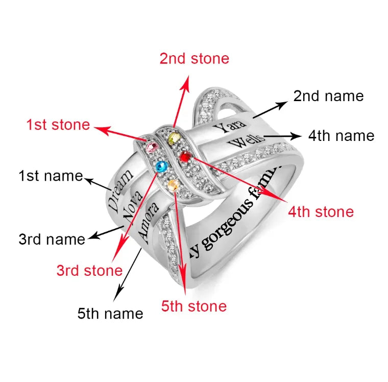 Personalized Mother's Ring with Birthstones and Engraved Names - Customizable Family Jewelry in Silver or Copper - Belbren