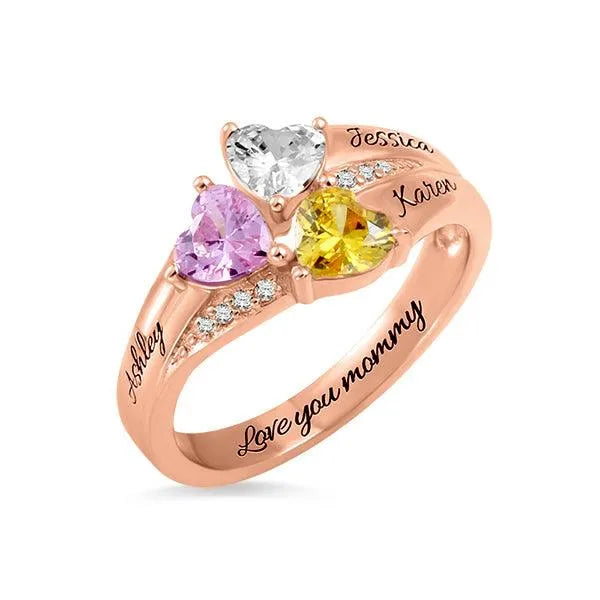 Personalized Mothers Ring | Custom Engrave Name and Birthstone Ring Gift for Mom | Heart Birthstones Ring - Belbren