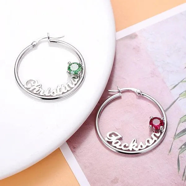 Personalized Name Birthstone Hoop Earrings - Belbren