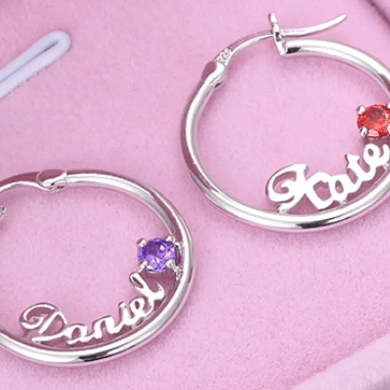 Personalized Name Birthstone Hoop Earrings - Belbren