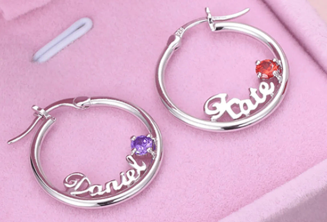 Personalized Name Birthstone Hoop Earrings - Belbren