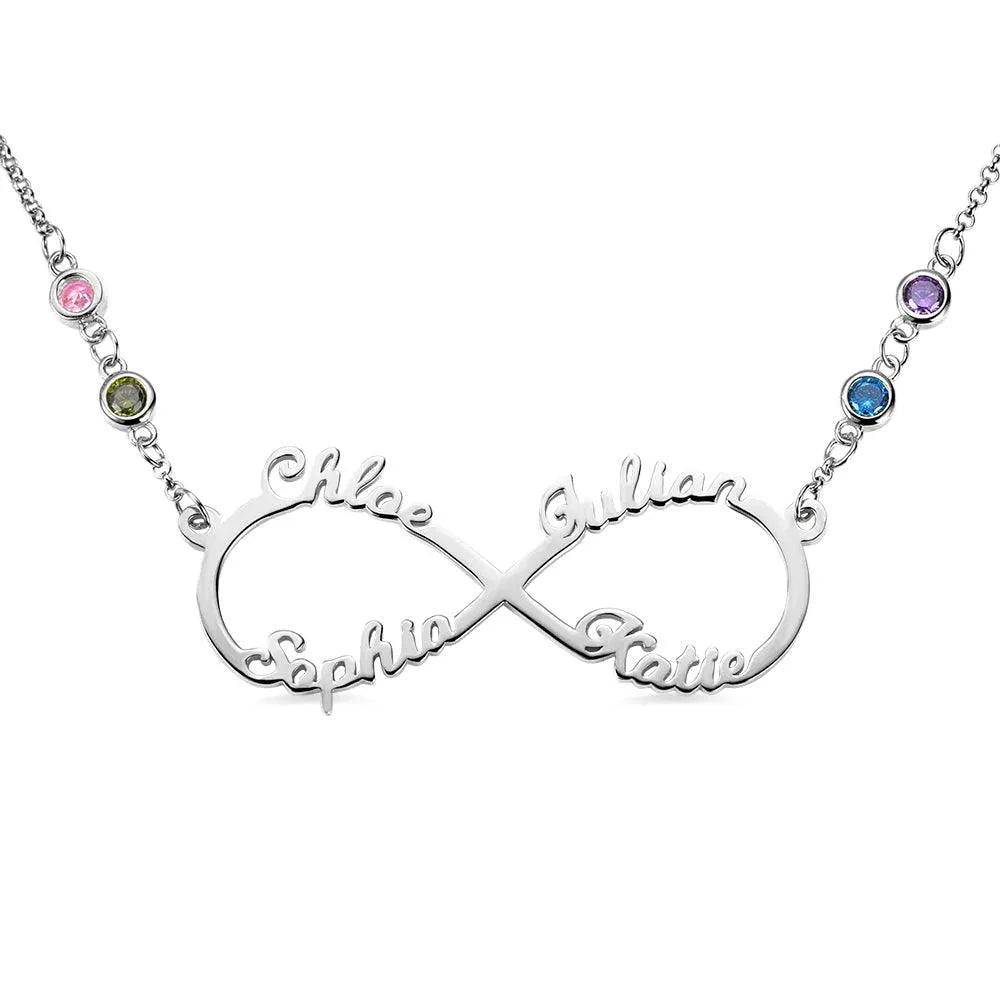 Personalized Silver Infinity Necklace with 4 Custom Names and Birthstones - Perfect Gift for Mother's Day - Belbren