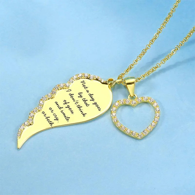 Personalized Sterling Silver Angel Wing Heart Memorial Necklace with Custom Engraving - Belbren