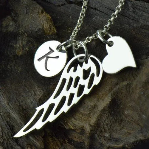 Personalized Sterling Silver Angel Wing Necklace with Heart and Initial Charm for Girls - Memorial Gift - Belbren
