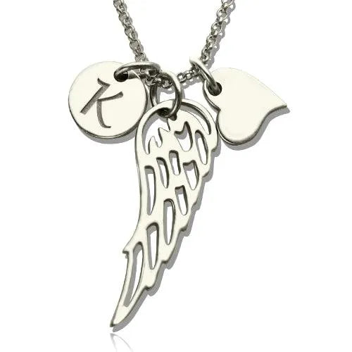 Personalized Sterling Silver Angel Wing Necklace with Heart and Initial Charm for Girls - Memorial Gift - Belbren