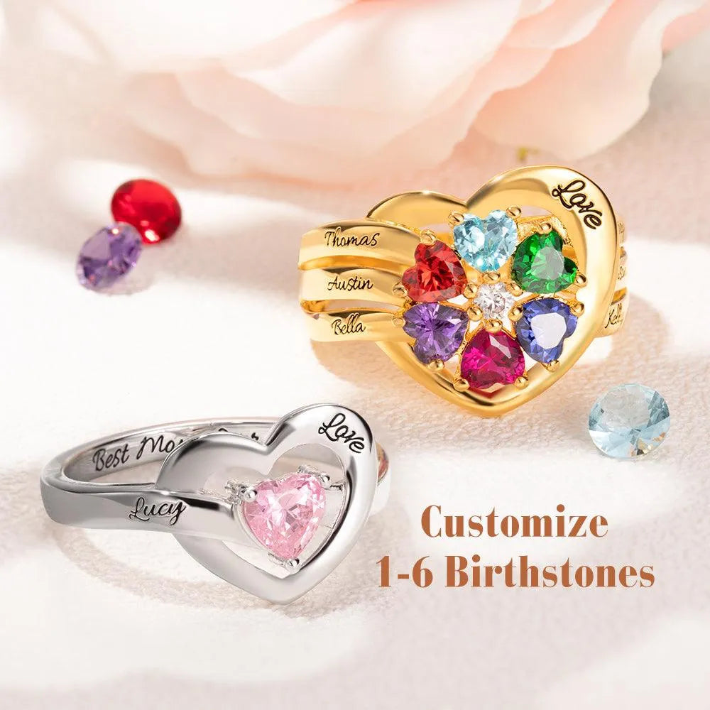Personalized Sterling Silver Heart Ring with Custom Birthstones and Engraving - Belbren