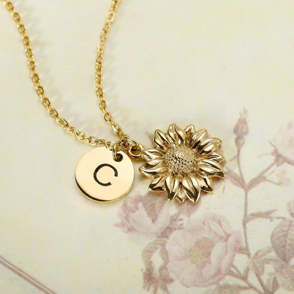 Personalized Sunflower Necklace with Initial | Sunflower Gifts Charm Necklaces | Antique Gold Sunflower Floral Jewelry | Monogram Initial Necklace - Belbren