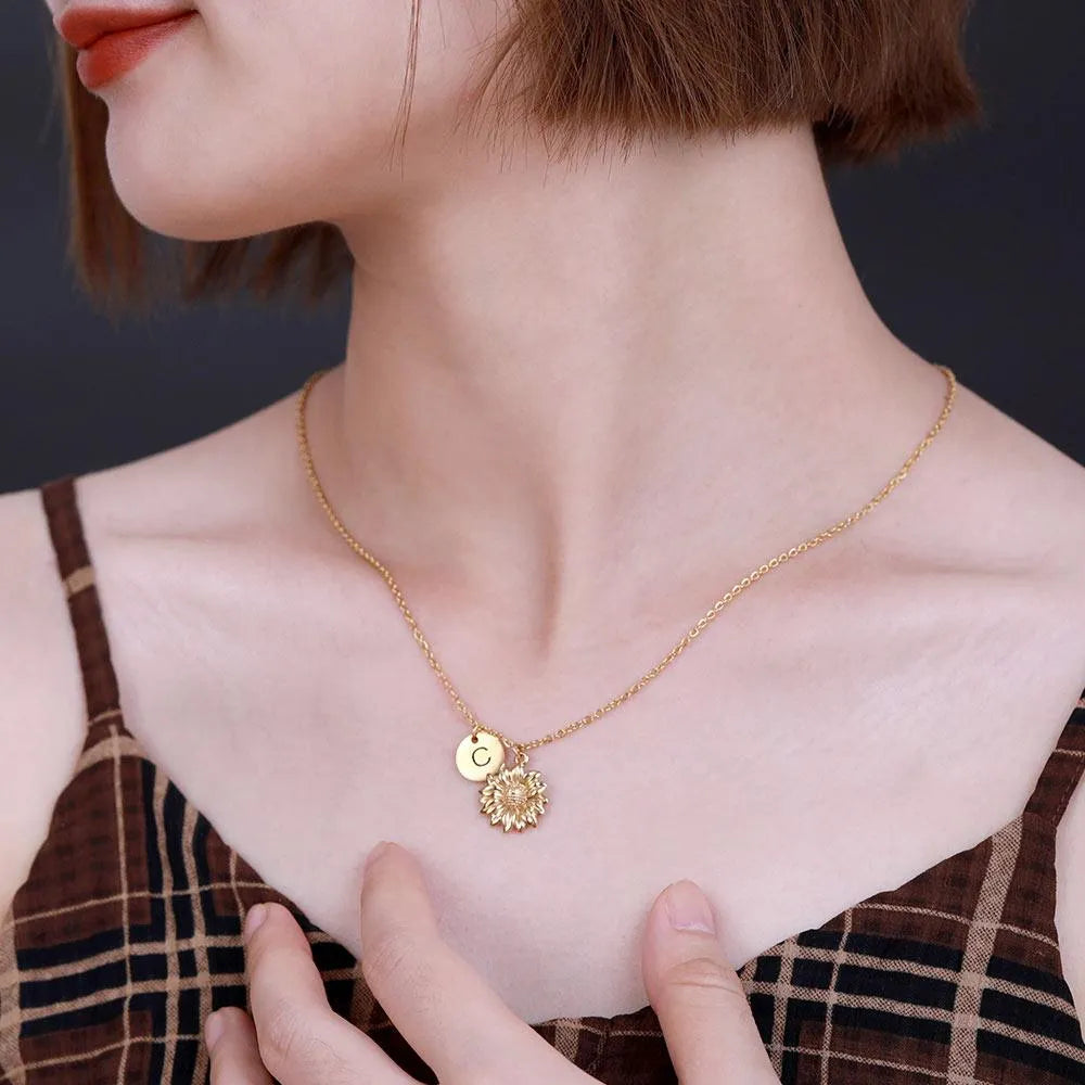 Personalized Sunflower Necklace with Initial | Sunflower Gifts Charm Necklaces | Antique Gold Sunflower Floral Jewelry | Monogram Initial Necklace - Belbren