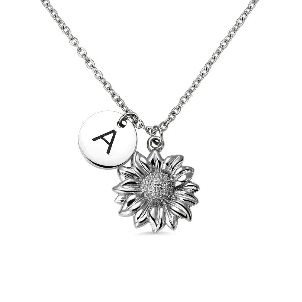 Personalized Sunflower Necklace with Initial | Sunflower Gifts Charm Necklaces | Antique Gold Sunflower Floral Jewelry | Monogram Initial Necklace - Belbren
