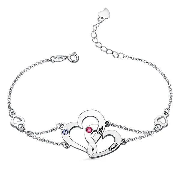 Sterling Silver Double Heart Bracelet | Interlocking Heart Birthstones Bracelet | Couples Heart Bracelet | Mother and Daughter Bracelet - Belbren