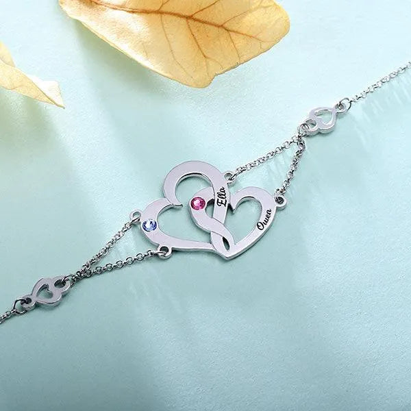 Sterling Silver Double Heart Bracelet | Interlocking Heart Birthstones Bracelet | Couples Heart Bracelet | Mother and Daughter Bracelet - Belbren