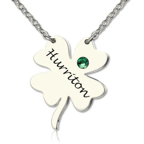 Sterling Silver Personalized Four Leaf Clover Shamrock Necklace with Green Gemstone - Lucky Charm Jewelry - Belbren