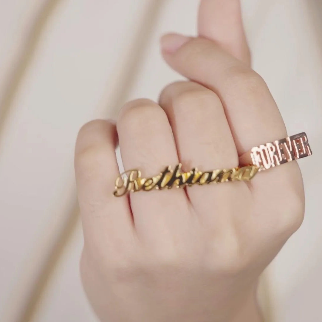 Two Finger Nameplated Ring | Personalized Allegro Two Finger Name Ring Sterling Silver S925 | Custom Name Ring Gift for Her | Gift for Women - Belbren