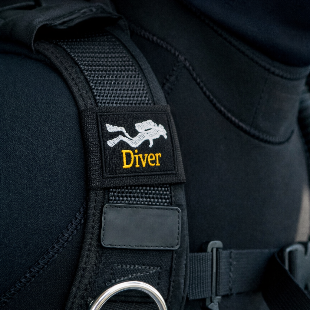 Black diver wetsuit with embroidered 'Diver' patch and scuba logo on shoulder strap