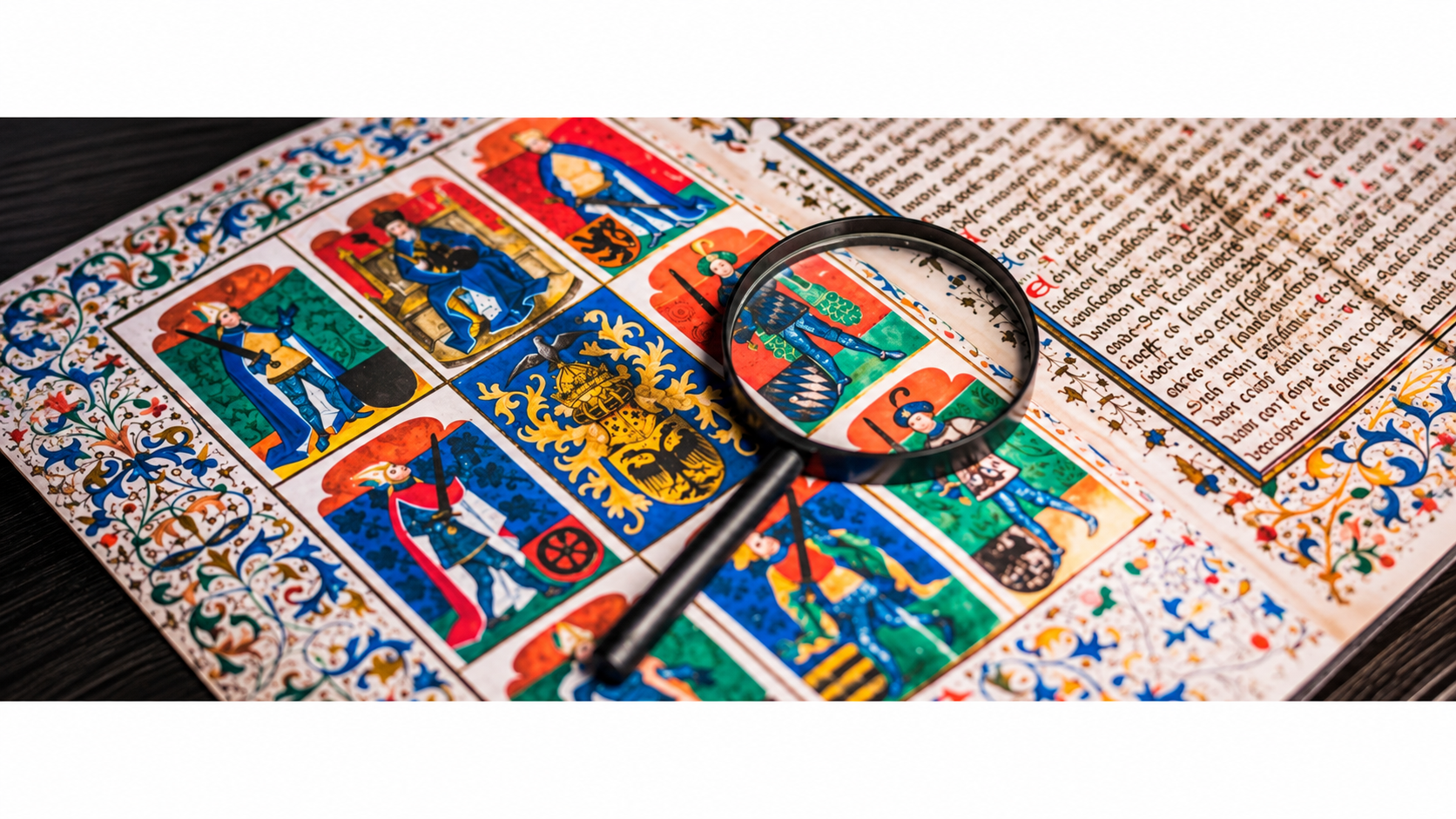 Magnifying glass over a colourful historical heraldic manuscript featuring family crests and coats of arms.
