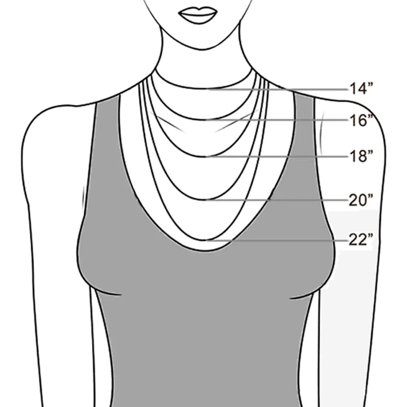 Illustration showing necklace length guide on a woman's torso, with measurements for 14-inch, 16-inch, 18-inch, 20-inch, and 22-inch necklace lengths.
