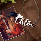 Silver personalized name necklace with cowboy hat beside a Western cowgirl photo